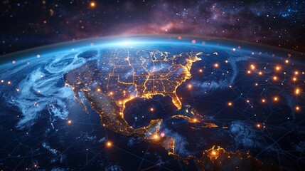 Telecommunication network above North America from space by night with city lights Satellite orbiting Planet Earth for Internet of Things IoT and blockchain technology