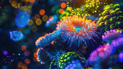 Fototapeta na wymiar Coral reef restoration genetics under a microscope, vibrant neon markers showing gene expression, vivid and hopeful