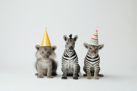 An endearing moment where the zebra, elephant, and fox celebrate the cutest lion's birthday, wearing trendy outfits and festive caps, captured against a pristine white background. 