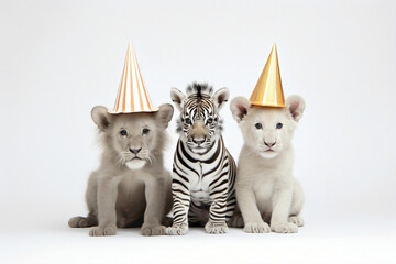 An endearing moment where the zebra, elephant, and fox celebrate the cutest lion's birthday, wearing trendy outfits and festive caps, captured against a pristine white background.  - obrazy, fototapety, plakaty