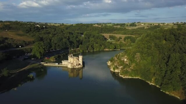 Aerial view of Roche Castle (Chateau de la Roche) on the Loire River, Saint-Priest-la-Roche, France