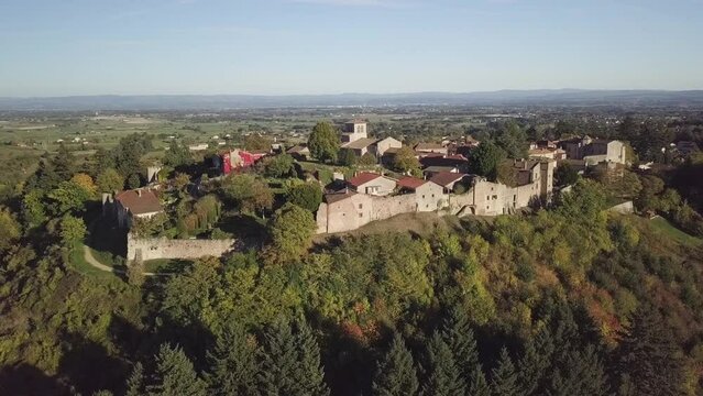 Aerial view of Saint-Haon-le-Chatel commune on a sunny day in the Loire department in central France