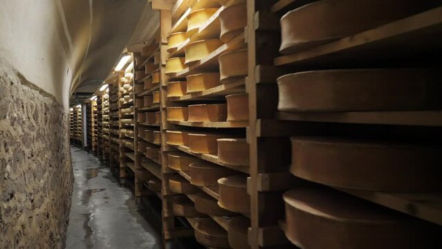 Long narrow stone aisle with wheels of Beaufort cheese on wooden shelves