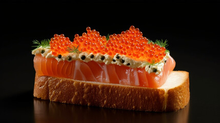 Beautiful red caviar and smocked salmon sandwich isolated on a dark background. Bread toasted canapes. Generative AI