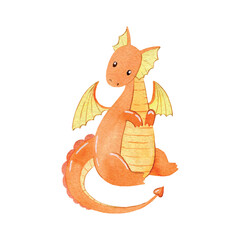 Cute cartoon dragon. Vector watercolor hand drawn illustration.