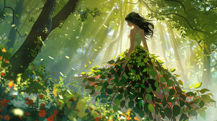 Forest glade's mosaic of light adorns a girl in a gown of leaves and flowers.