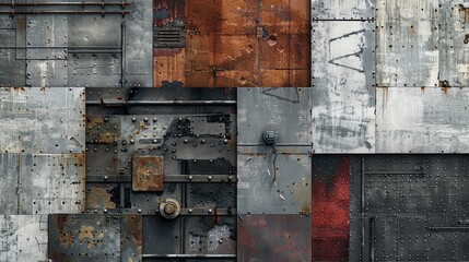 Salvage architecture showcasing repurposed materials, abstract urban collage, wide angle, textured grays and rusts