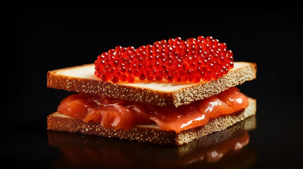Beautiful red caviar and smocked salmon sandwich isolated on a dark background. Bread toasted canapes. Generative AI