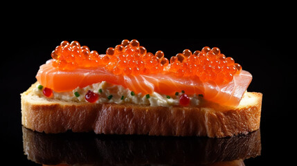 Beautiful red caviar and smocked salmon sandwich isolated on a dark background. Bread toasted canapes. Generative AI