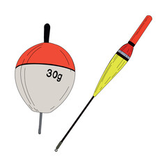 Fishing float bobber cork vector illustration tackle set. Bait minnow line drawing. Silhouette outline. Fisher angler tool. Sharp triple catch sport equipment