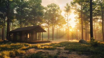 Offgrid cabin in a forest clearing, sunrise, serene, wide lens, earthy browns and greens - obrazy, fototapety, plakaty