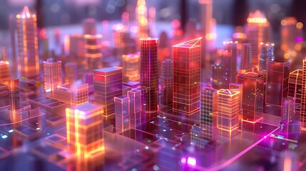 Digital twin technology in a smart city model, holographic buildings, twilight, wide shot, neon highlights