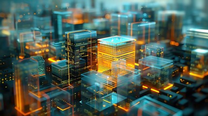 Digital twin technology in a smart city model, holographic buildings, twilight, wide shot, neon highlights