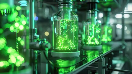 Microbial fuel cell laboratory, glowing vessels, abstract green energy patterns, midshot