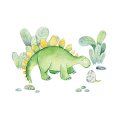 Vector watercolor dinosaur. Hand drawn illustration with stegosaurus for invitation card, nursery poster and other.