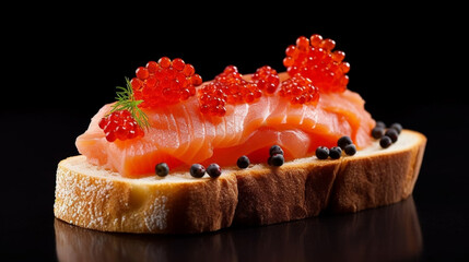 Beautiful red caviar and smocked salmon sandwich isolated on a dark background. Bread toasted canapes. Generative AI