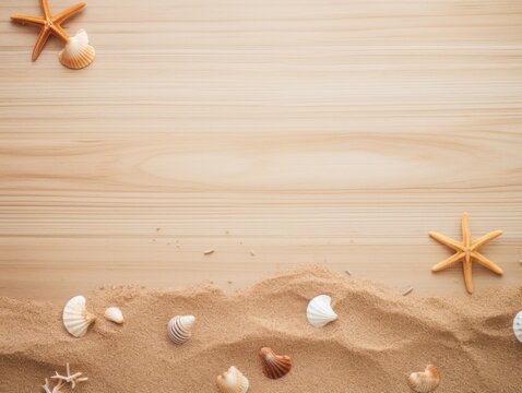Beach sand and beige wooden background with copy space for summer vacation concept, text on the right side