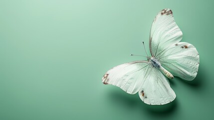 mint blue background Complemented by a large white butterfly that gracefully sits in the corner. The minimalist elements leave plenty of room for additional text or design elements to be added.