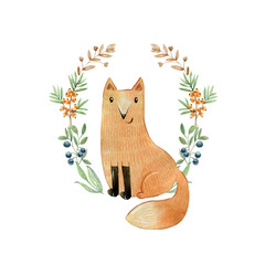 Vector watercolor arrangements with animal. Woodland composition for greeting card and etc.