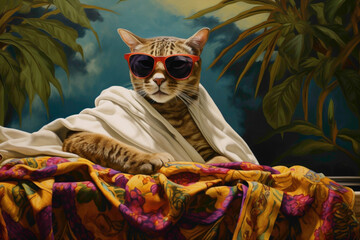 An enigmatic tropics-inspired scene with a towel-clad feline donning stylish sunglasses, set...