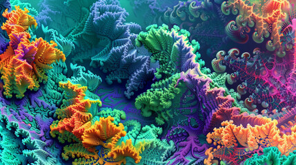 Bright coral and azure fractals create an abstract 3D marine landscape.