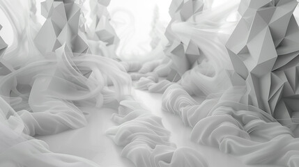3D foggy flow haunts a forest of shapes, grayscale palette whispering secrets.