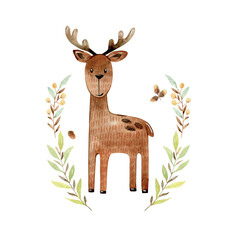 Vector watercolor arrangements with animal. Woodland composition for greeting card and etc. - 785043489