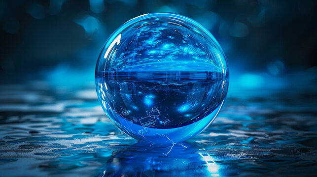 Cobalt blue sphere in 3D, a glossy surface reflecting a digital landscape.