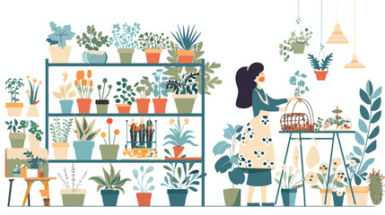 Woman gardener or florist working in botanical garden