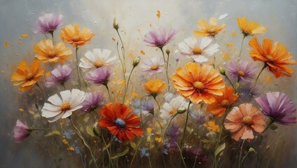 The image shows a painting of a colorful field of flowers, with vibrant hues creating a sense of joy and freshness