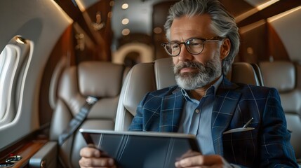 Businessman Engaged with Tablet on Private Flight. Concept Luxury Travel, Entrepreneurship, Private Jet, Productivity, Digital Nomad
