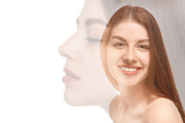 Double exposure of beautiful young woman on white background