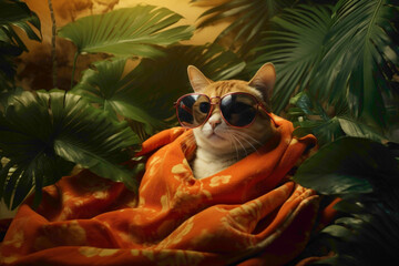 A terracotta-toned environment showcasing a photobashed composition of a towel-wrapped cat with sunglasses, set amidst a sea of tropical leaves. - obrazy, fototapety, plakaty