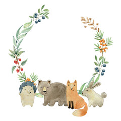 Baby shower card. Vector watercolor woodland wreath with animals. - 785044264