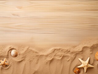 Fototapeta na wymiar Beach sand and coral wooden background with copy space for summer vacation concept, text on the right side