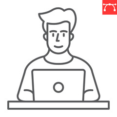 Student line icon, e-learning and online education, teacher and laptop vector icon, vector graphics, editable stroke outline sign, eps 10.