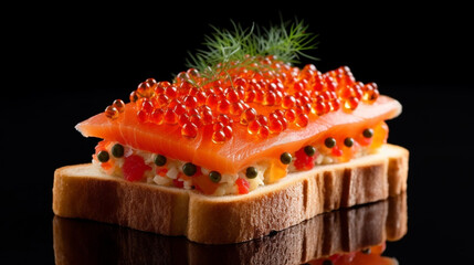 Beautiful red caviar and smocked salmon sandwich isolated on a dark background. Bread toasted canapes. Generative AI
