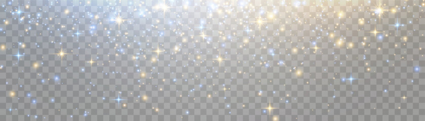 Vector flying particles of light. Magical light dust, dusty shine. Christmas light effect. Sparkling particles of fairy dust glow in transparent background. Vector illustration on png
