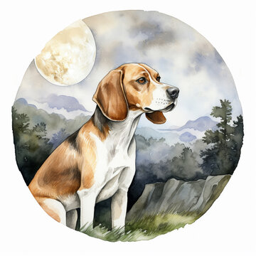 Retro Watercolor Clipart Of A Lone Beagle Sits On Mount In Wait Against A Full Moon Backdrop, A Symbol Of Loyalty And The Vigil Of A Dog Awaiting Its Owner's Return.