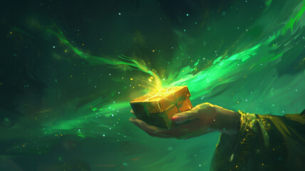 Hand of a witch casting a spell over a gift box, vibrant green aurora background, dynamic angle,  2d Illustrator