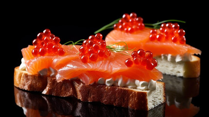 Beautiful red caviar and smocked salmon sandwich isolated on a dark background. Bread toasted canapes. Generative AI