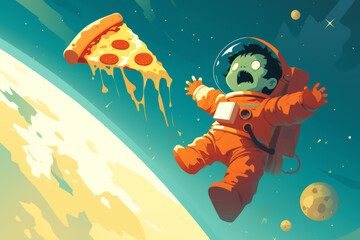 Playful scene of a zombie in a spacesuit, clumsily floating towards a floating pizza in zero gravity,  2d Illustrator - obrazy, fototapety, plakaty