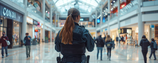 Female security guard in the shopping mall. Selective focus. Blurred background.