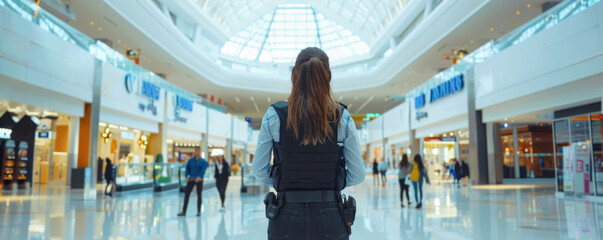 Female security guard in the shopping mall. Selective focus. Blurred background. - obrazy, fototapety, plakaty