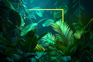 Tropical Plants Illuminated with Green and Blue Fluorescent Light. Rainforest Environment with Diamond shaped Neon Frame.