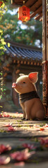 Tiny ninja pig tucked in a shadow, watching silently, mystical temple grounds, soft focus, side view,  3d render