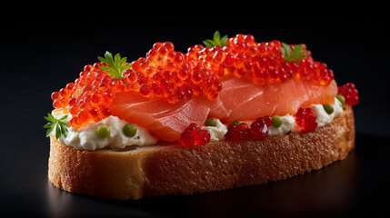 Beautiful red caviar and smocked salmon sandwich isolated on a dark background. Bread toasted canapes. Generative AI