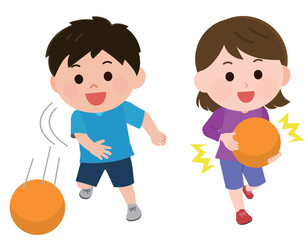 ドッジボールをして遊ぶ男の子と女の子　イラスト