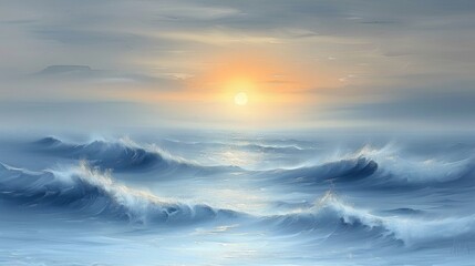 A painting of a rough sea with a setting sun in the distance. - obrazy, fototapety, plakaty
