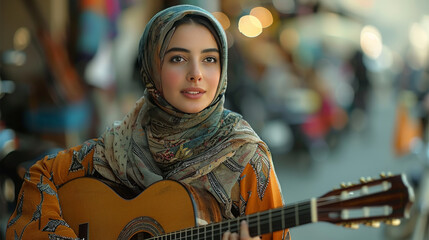 Soulful Strummer: Woman with Hijab Playing Guitar with Emotion